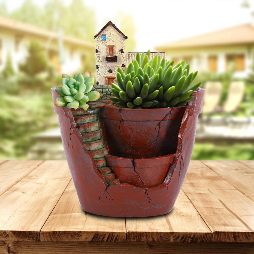 Planter Flower Plant Pots Fairy Garden Pot with Sweet House- Brown