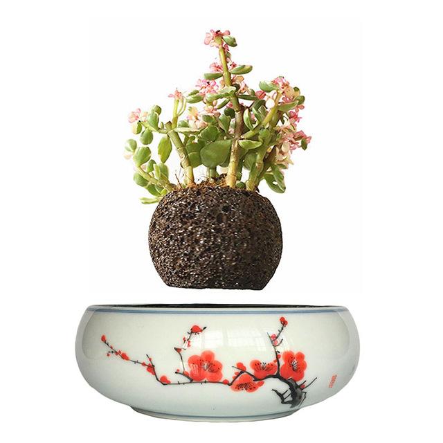 Red Flowers Ceramic Base Levitating Air-Floating Bonsai Pot