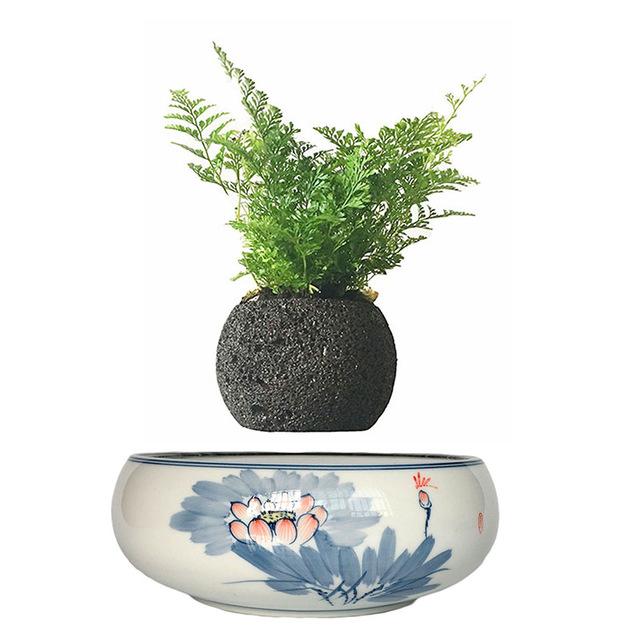 Blue Flowers Ceramic Base Levitating Air-Floating Bonsai Pot